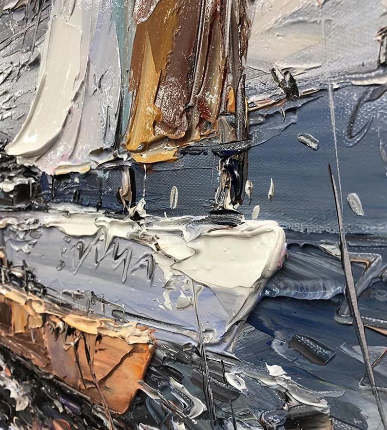 Segelboot Hafenmeerblick durch Paletten Messerdetail Ölgemälde
